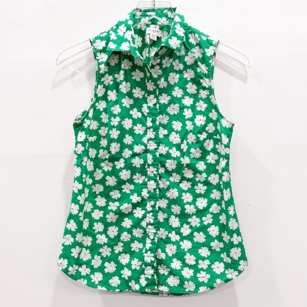 J. Crew Sleeveless Poplin Shirt Green White Button Front Flower Print Cotton XS